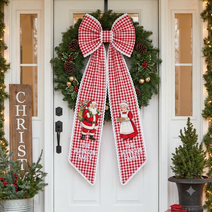 Personalized Christmas Gingham Wreath Sash with Gingerbread Baker Bow, Custom Name Door Decor