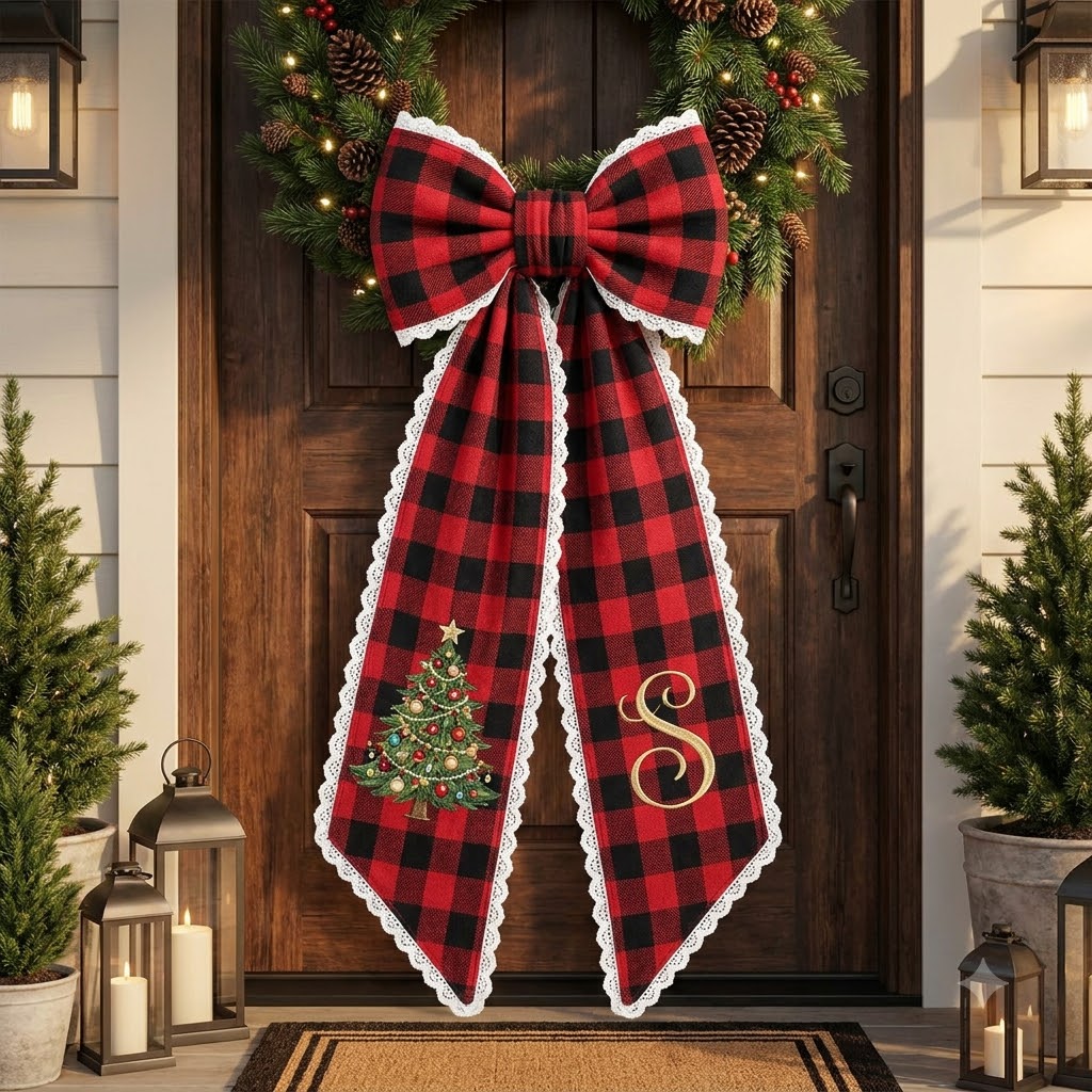 Personalized Buffalo Plaid Christmas Wreath Sash, Sweet Christmas Gingerbread Door Bow, Custom Family Name