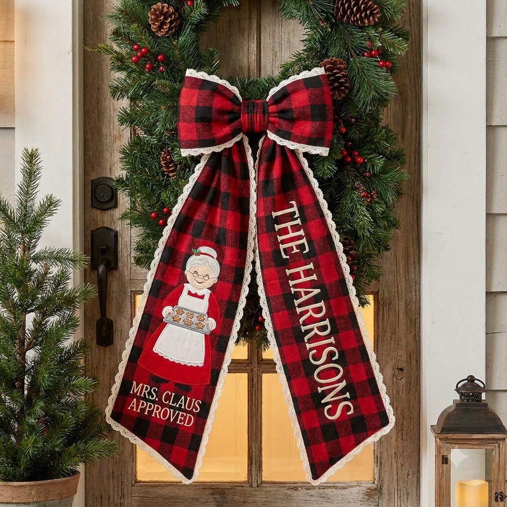Personalized Buffalo Plaid Christmas Wreath Sash, Sweet Christmas Gingerbread Door Bow, Custom Family Name