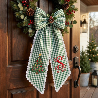 Personalized Green Gingham Christmas Wreath Bow Sash, Christmas Tree Door Decoration
