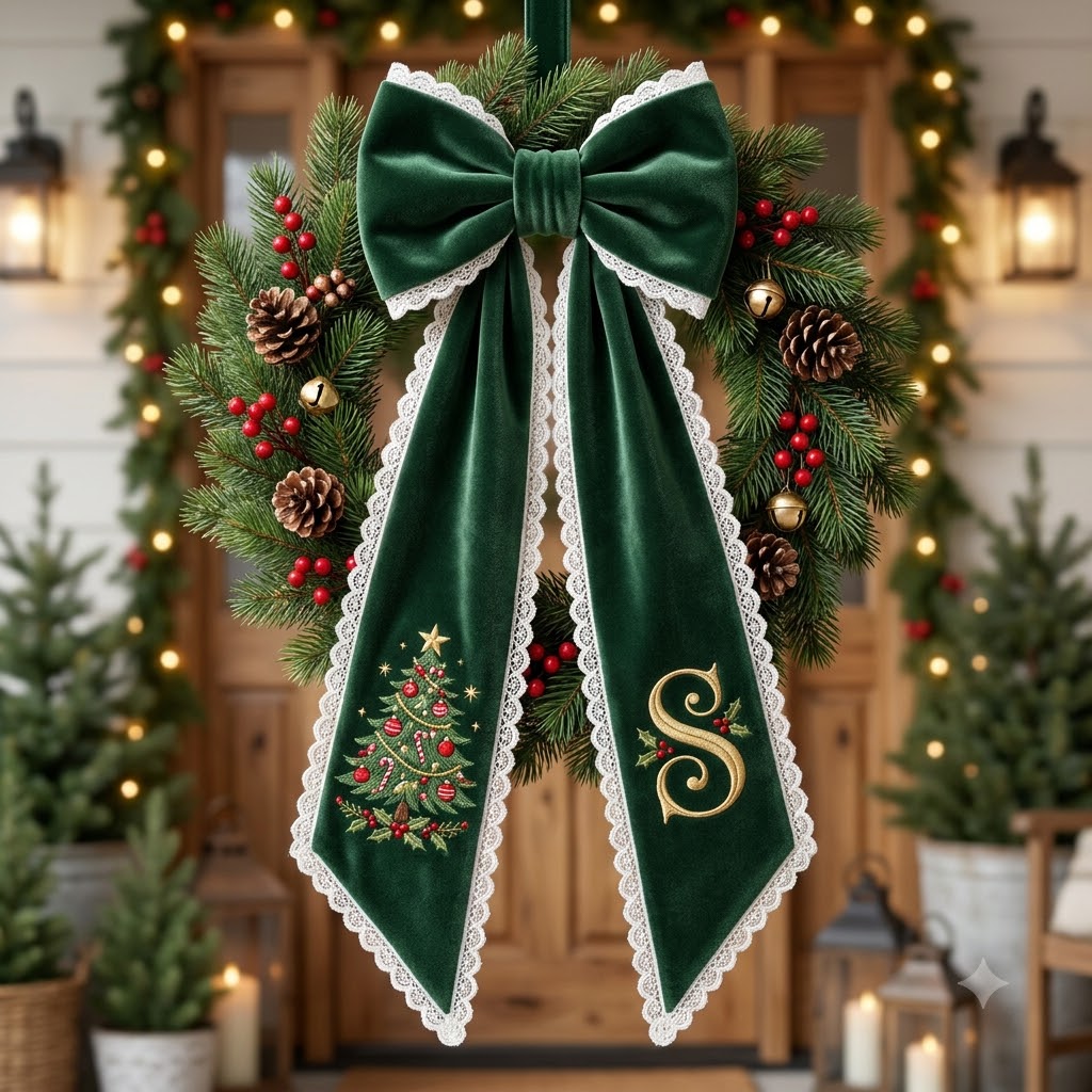 Personalized Green Velvet Christmas Wreath Sash with Monogram, Elegant Holiday Door Bow Decor