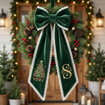Personalized Green Velvet Christmas Wreath Sash with Monogram, Elegant Holiday Door Bow Decor