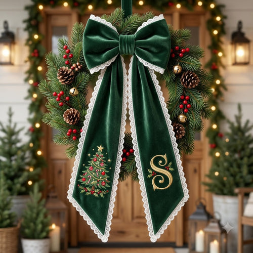 Personalized Green Velvet Christmas Wreath Sash with Monogram, Elegant Holiday Door Bow Decor