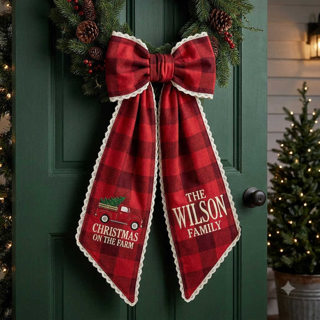 Personalized Buffalo Plaid Christmas Wreath Sash, Sweet Christmas Gingerbread Door Bow, Custom Family Name