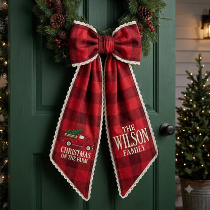 Personalized Buffalo Plaid Christmas Wreath Sash, Sweet Christmas Gingerbread Door Bow, Custom Family Name