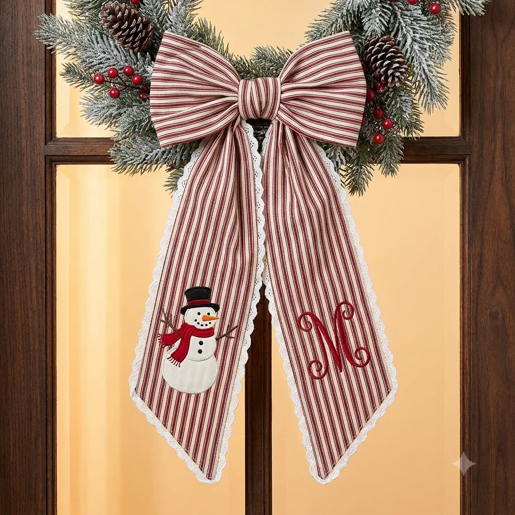 Personalized Red Stripe Christmas Wreath Bow Sash, Snowman Holiday Door Decoration