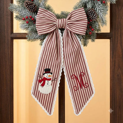 Personalized Red Stripe Christmas Wreath Bow Sash, Snowman Holiday Door Decoration