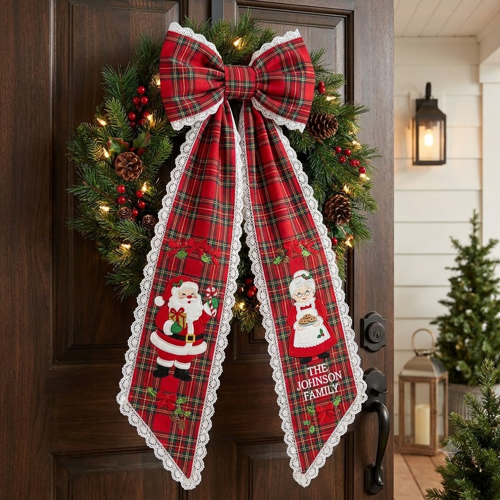Personalized Buffalo Plaid Christmas Wreath Sash, Sweet Christmas Gingerbread Door Bow, Custom Family Name
