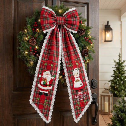 Personalized Buffalo Plaid Christmas Wreath Sash, Sweet Christmas Gingerbread Door Bow, Custom Family Name