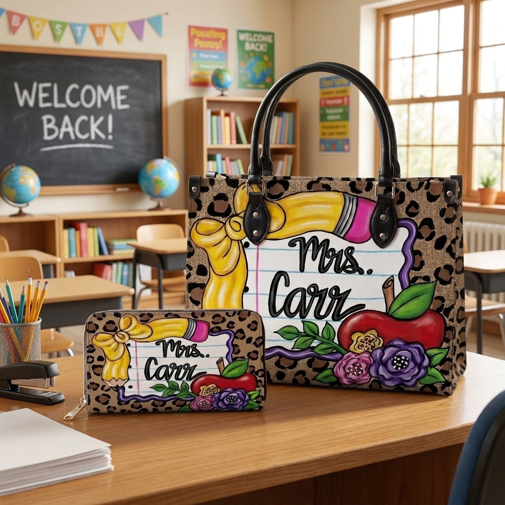 Leopard Apple & Floral Personalized Leather Bag + Free Matching Leather Wallet
