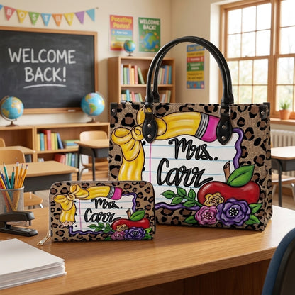 Leopard Apple & Floral Personalized Leather Bag + Free Matching Leather Wallet