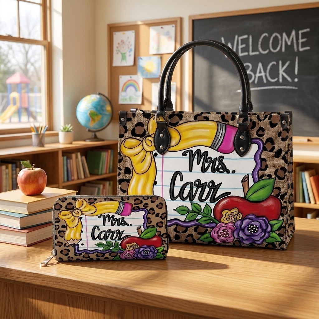 Leopard Apple & Floral Personalized Leather Bag + Free Matching Leather Wallet