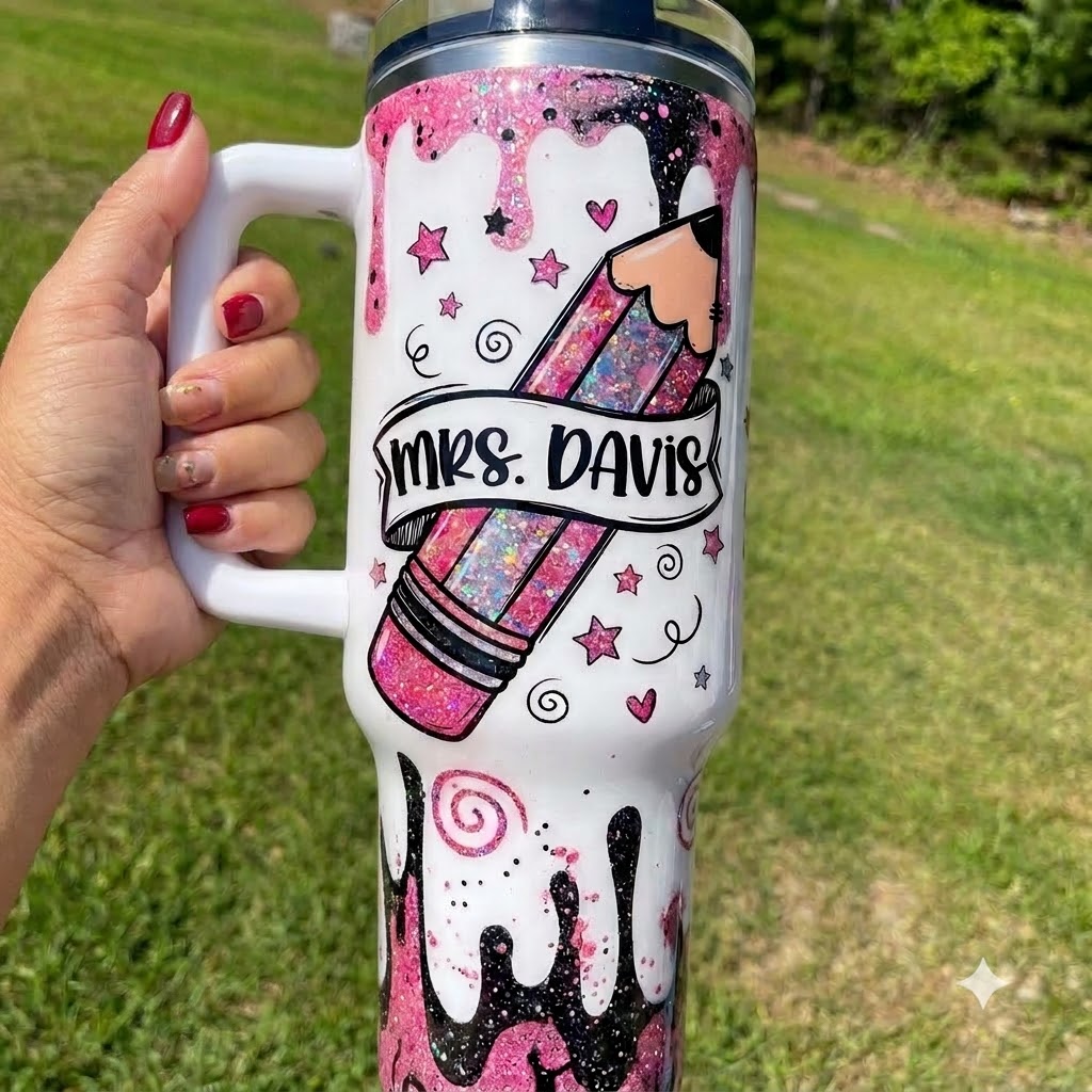 Personalized Teacher Pencil 40oz Tumbler with Handle, Custom Name Teacher Gift