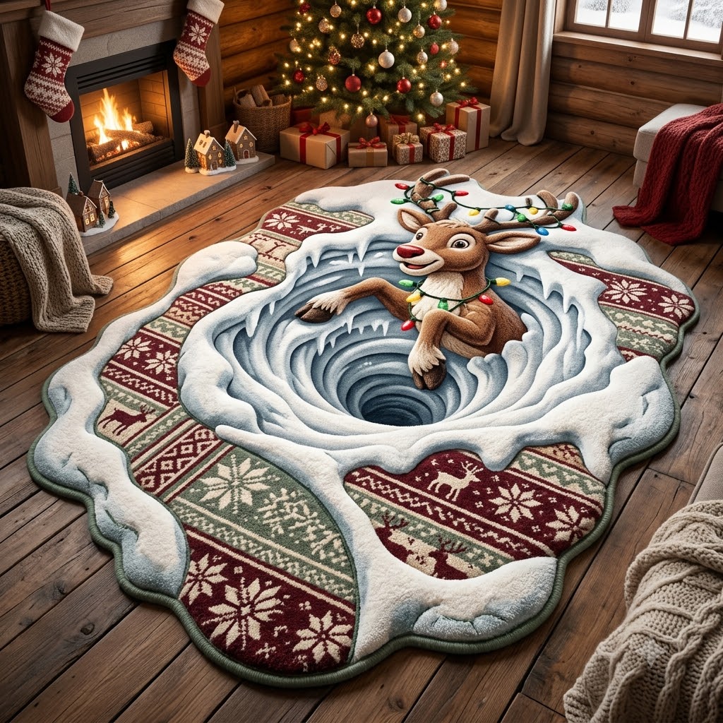 3D Reindeer Christmas Rug – Reindeer in Winter Wonderland Custom Shape Area Rug