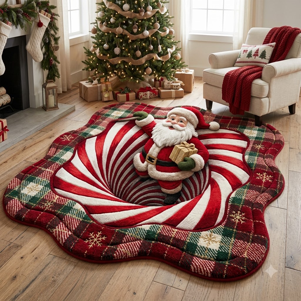 3D Santa Christmas Rug – Santa Claus Candy Cane Swirl Custom Shape Holiday Rug