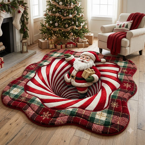 3D Santa Christmas Rug – Santa Claus Candy Cane Swirl Custom Shape Holiday Rug