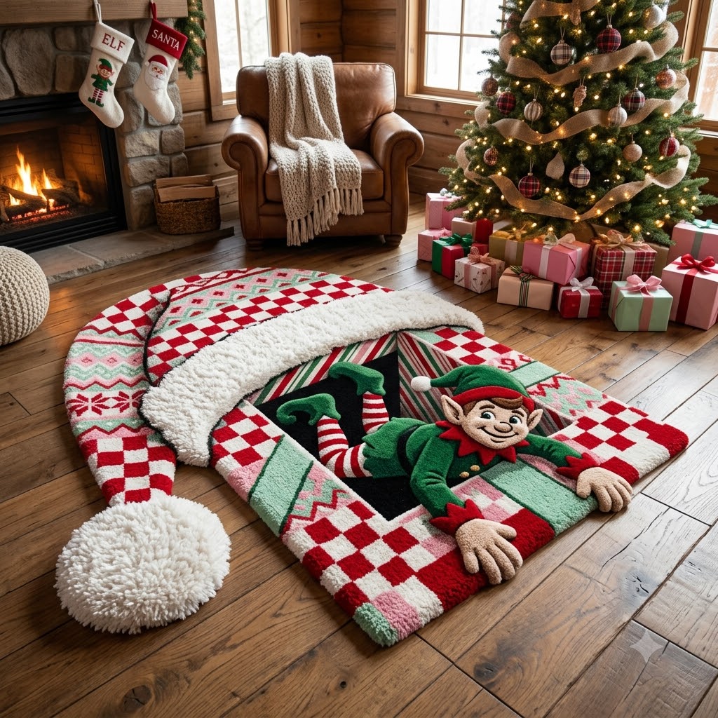Christmas Elf Rug, 3D Custom Shape Holiday Floor Mat, Personalized Elf Rug, Santa Christmas Decor, Kids Room Rug, Xmas Gift