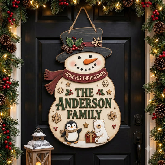 Personalized Snowman Christmas Door Hanger – Custom Family Name Winter Holiday Sign