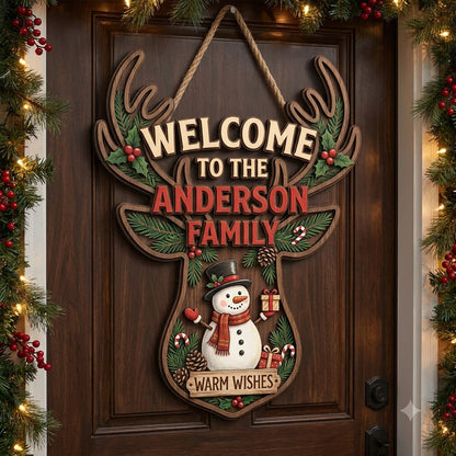Personalized Reindeer Christmas Door Hanger – Custom Family Name Rustic Holiday Sign