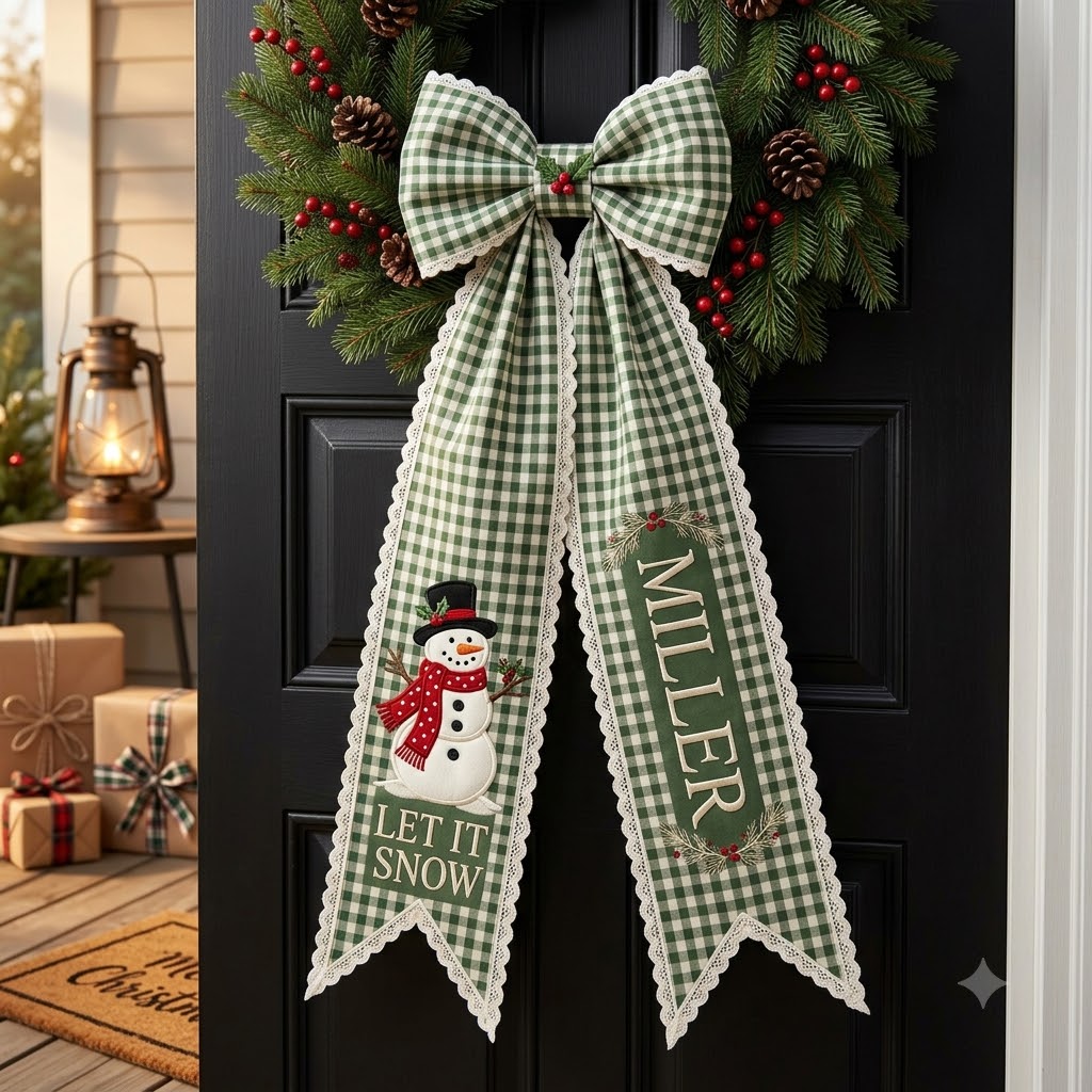Personalized Christmas Green Gingham Wreath Sash with Lace