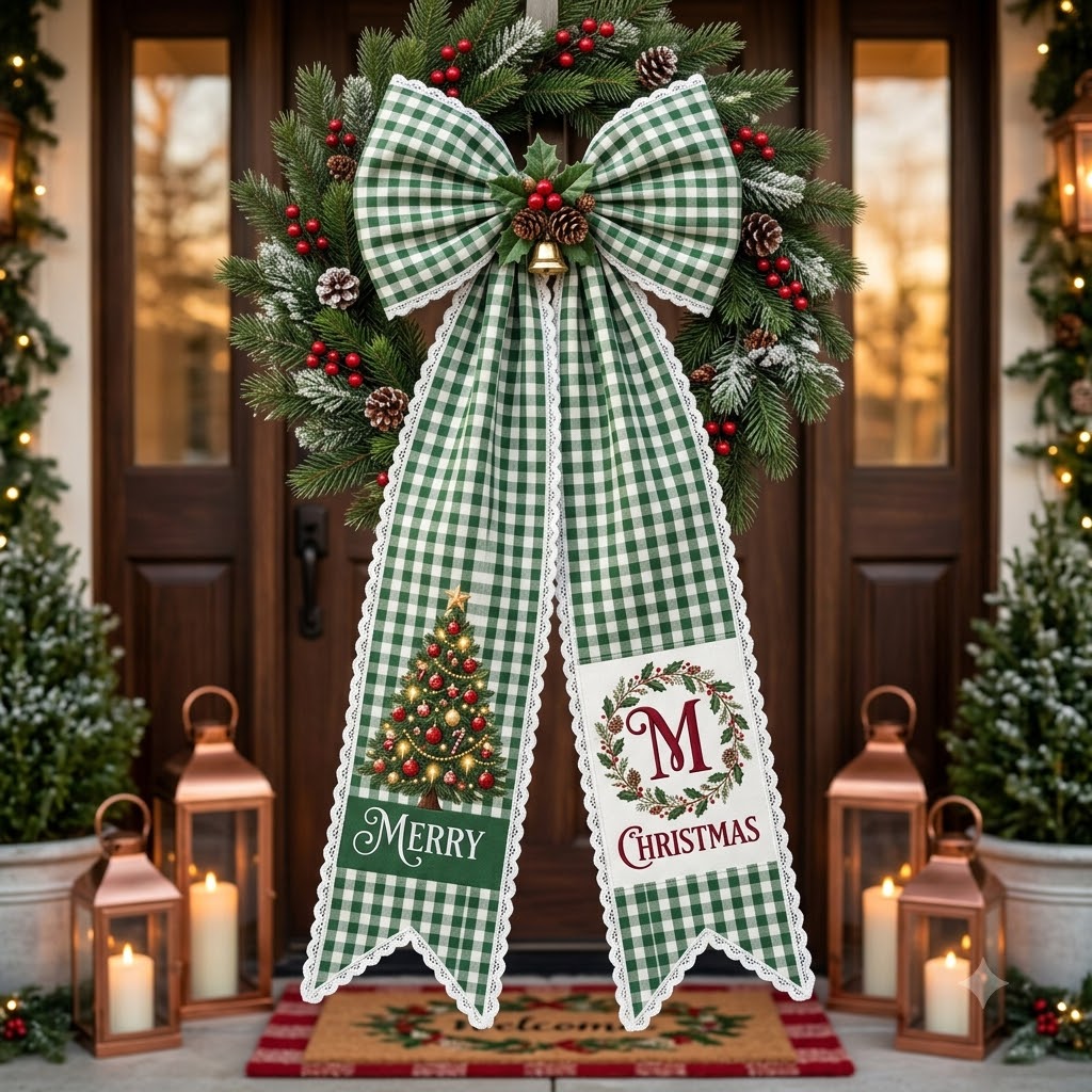 Personalized Christmas Green Gingham Wreath Sash with Lace