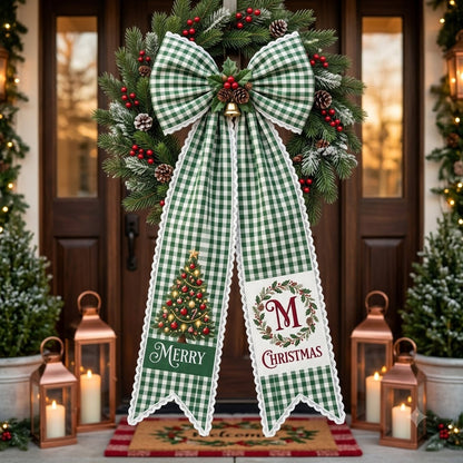 Personalized Christmas Green Gingham Wreath Sash with Lace