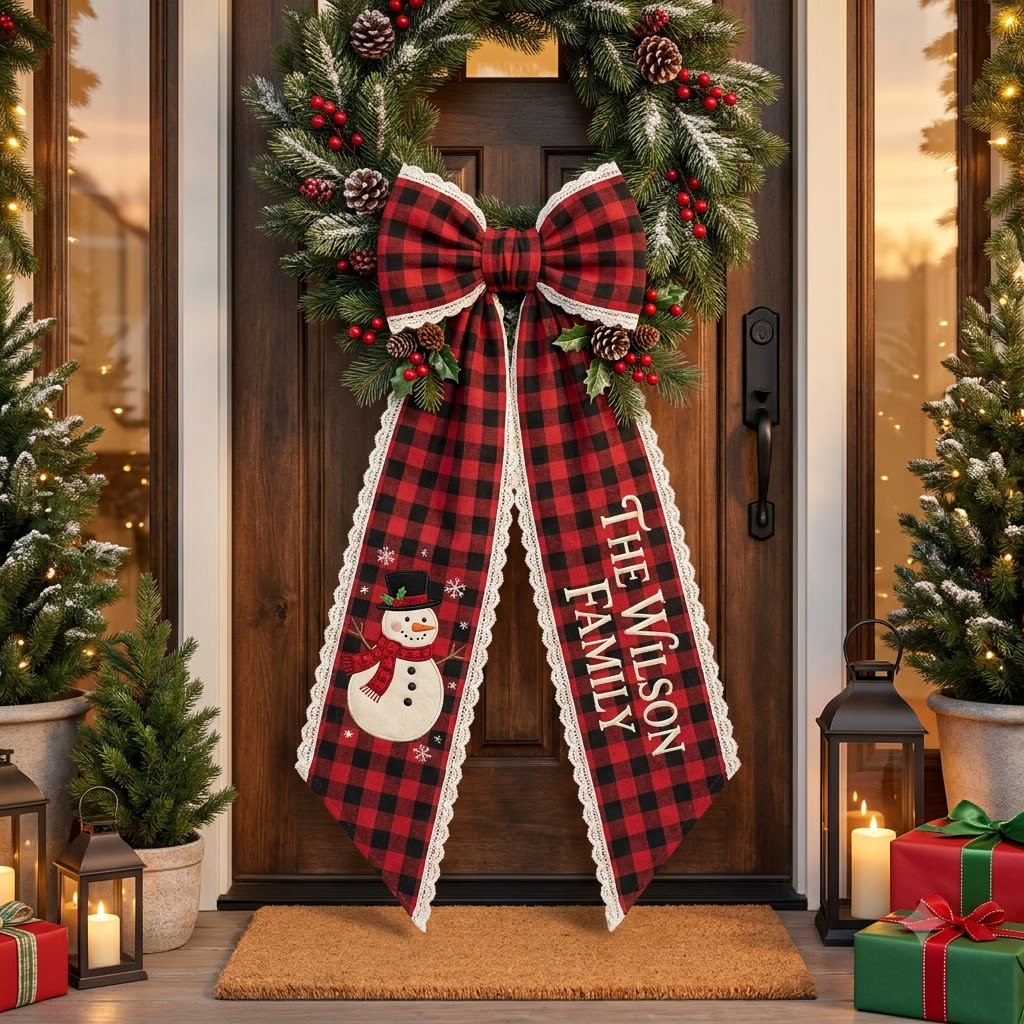 Personalized Buffalo Plaid Christmas Wreath Sash, Sweet Christmas Gingerbread Door Bow, Custom Family Name