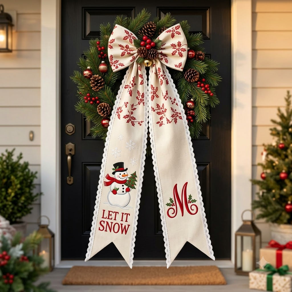 Personalized Christmas Snowman Wreath Sash with Lace