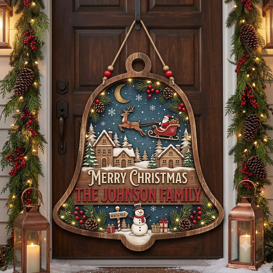 Personalized Christmas Bell Shape Door Hanger – Custom Family Name Winter Wonderland Wooden Sign