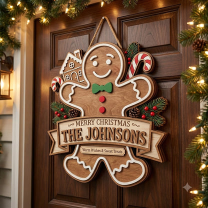Personalized Christmas Gingerbread Door Hanger – Custom Family Name Holiday Wooden Sign
