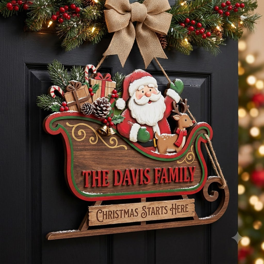 Personalized Santa Sleigh Christmas Door Hanger – Custom Family Name Holiday Wooden Sign