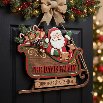 Personalized Santa Sleigh Christmas Door Hanger – Custom Family Name Holiday Wooden Sign