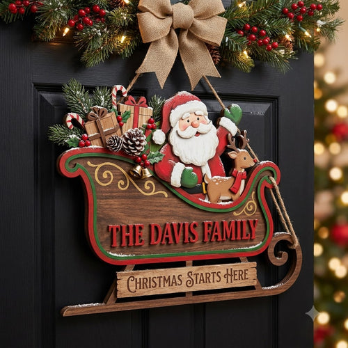 Personalized Santa Sleigh Christmas Door Hanger – Custom Family Name Holiday Wooden Sign