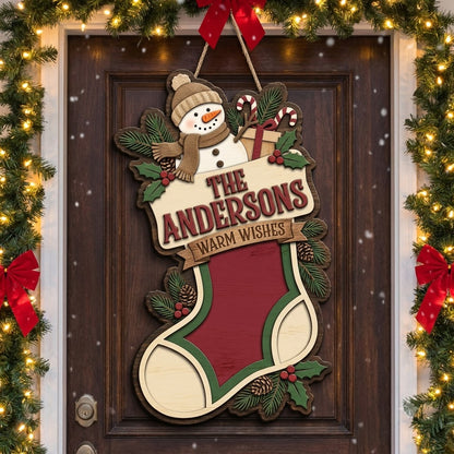 Personalized Snowman Christmas Door Hanger – Custom Family Name Holiday Wooden Sign