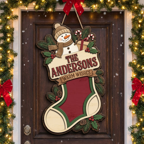 Personalized Snowman Christmas Door Hanger – Custom Family Name Holiday Wooden Sign