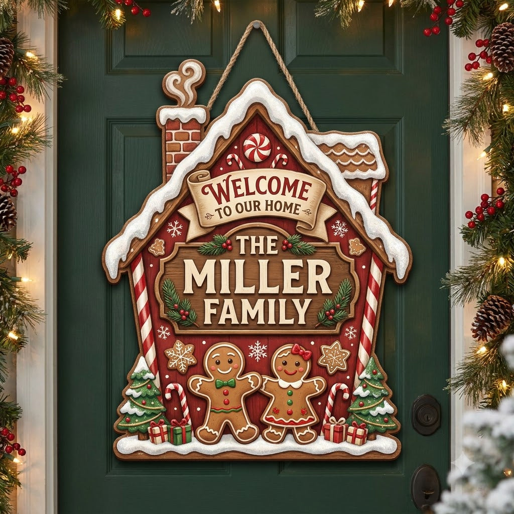 Personalized Gingerbread Man Christmas Door Hanger – Custom Family Name Holiday Sign