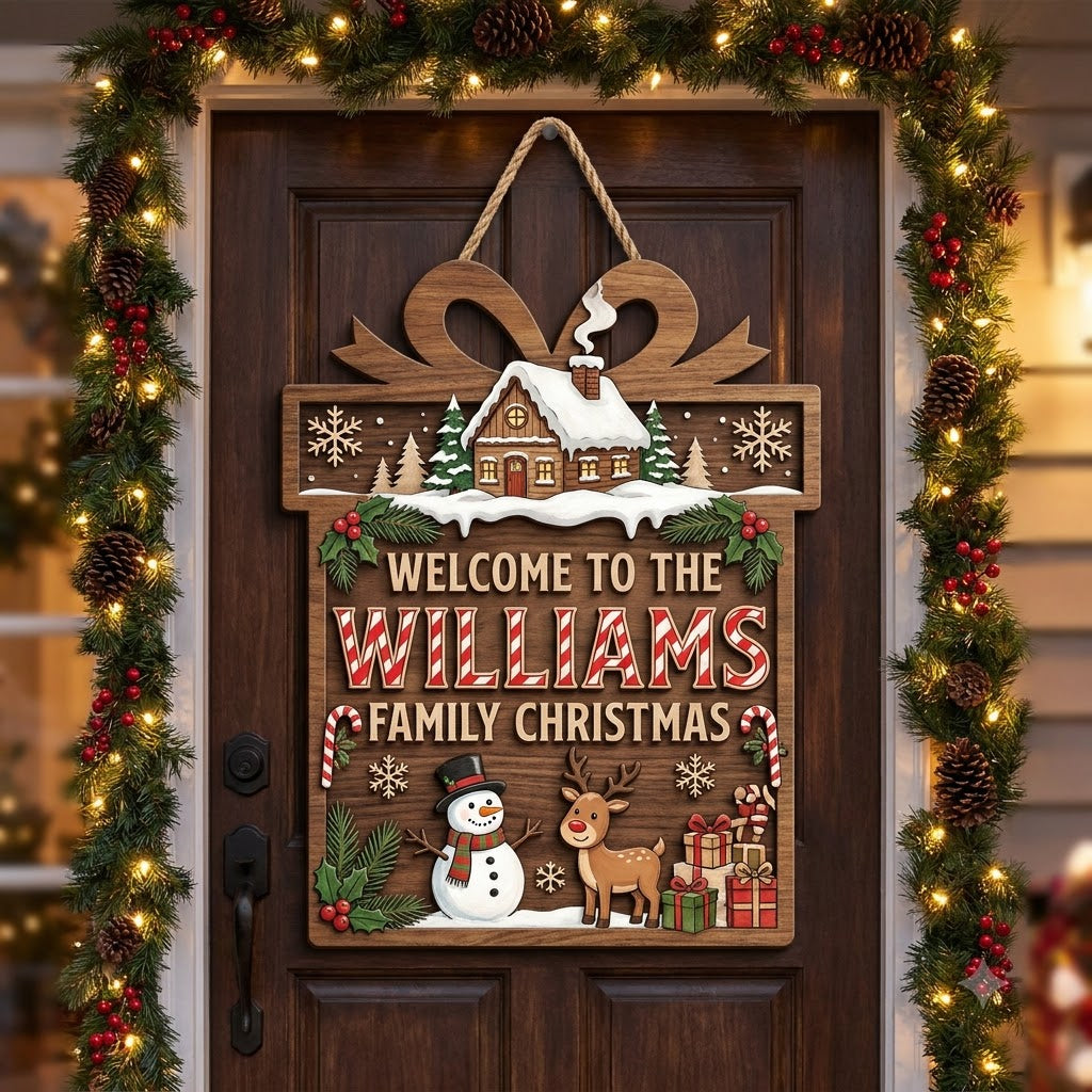 Personalized Christmas Family Door Hanger – Custom Name Snowy Cabin Wooden Sign