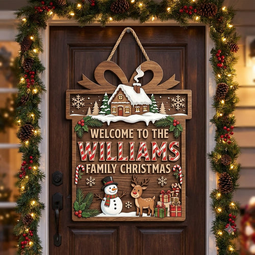 Personalized Christmas Family Door Hanger – Custom Name Snowy Cabin Wooden Sign