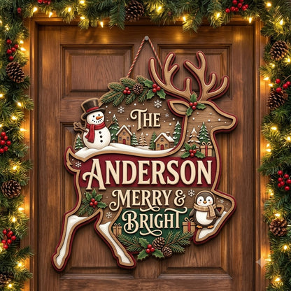 Personalized Reindeer Christmas Door Hanger – Custom Family Name Merry & Bright Wooden Sign