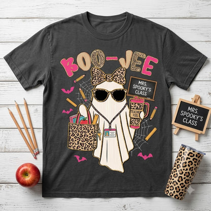 Spooky Teacher Ghost Halloween T-Shirt, Leopard Bow Cute Boo Vibes Teacher Shirt
