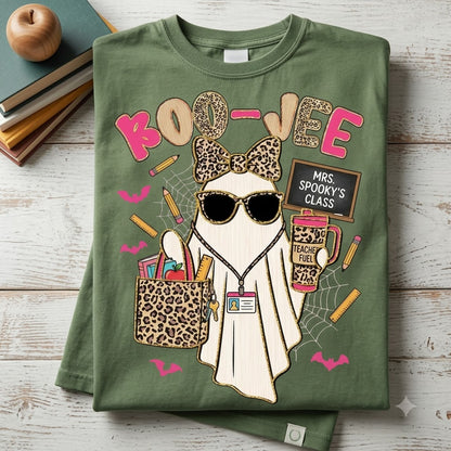 Spooky Teacher Ghost Halloween T-Shirt, Leopard Bow Cute Boo Vibes Teacher Shirt