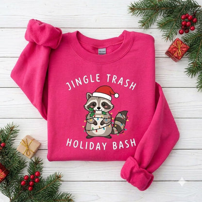 Jingle Trash Holiday Bash Raccoon Christmas Sweatshirt, Funny Christmas Animal Pullover, Cute Holiday Gift for Raccoon Lovers