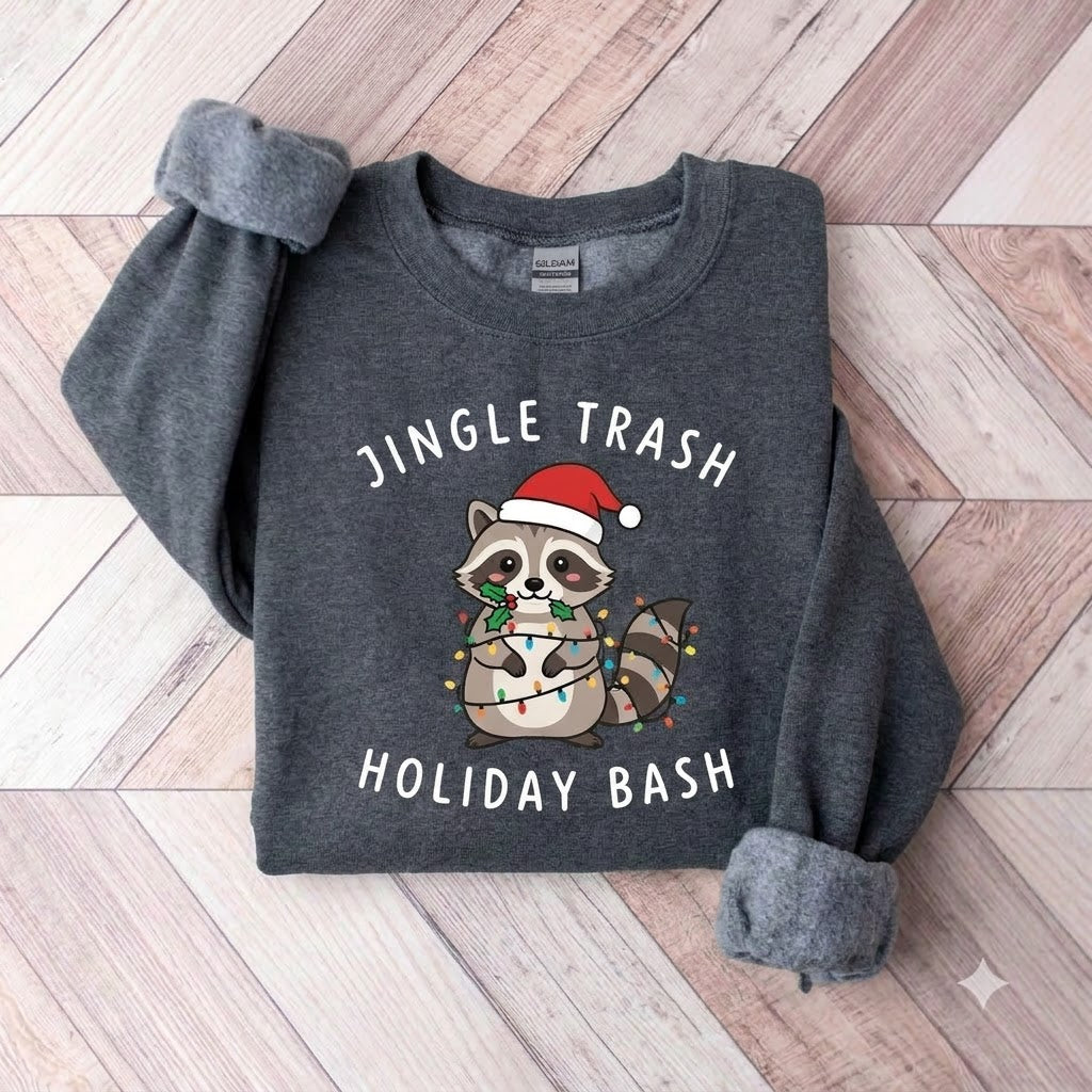 Jingle Trash Holiday Bash Raccoon Christmas Sweatshirt, Funny Christmas Animal Pullover, Cute Holiday Gift for Raccoon Lovers