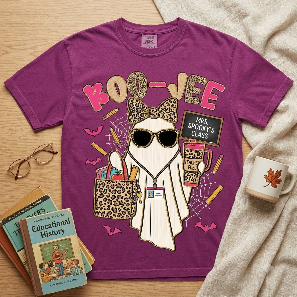 Spooky Teacher Ghost Halloween T-Shirt, Leopard Bow Cute Boo Vibes Teacher Shirt