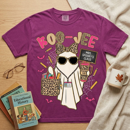 Spooky Teacher Ghost Halloween T-Shirt, Leopard Bow Cute Boo Vibes Teacher Shirt