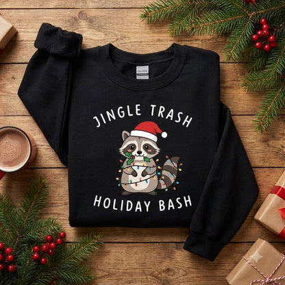 Jingle Trash Holiday Bash Raccoon Christmas Sweatshirt, Funny Christmas Animal Pullover, Cute Holiday Gift for Raccoon Lovers
