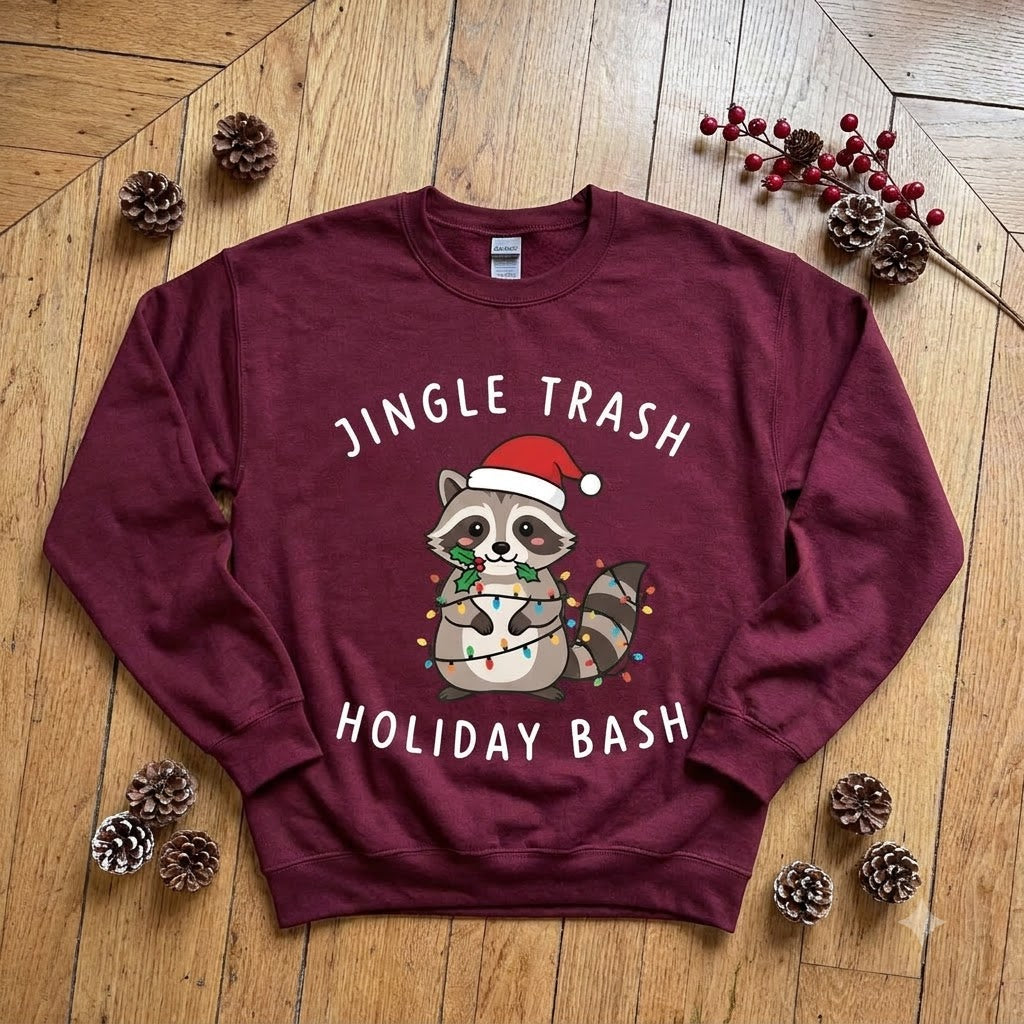 Jingle Trash Holiday Bash Raccoon Christmas Sweatshirt, Funny Christmas Animal Pullover, Cute Holiday Gift for Raccoon Lovers
