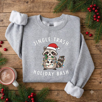 Jingle Trash Holiday Bash Raccoon Christmas Sweatshirt, Funny Christmas Animal Pullover, Cute Holiday Gift for Raccoon Lovers