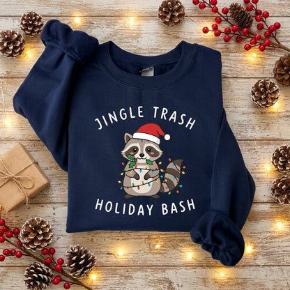 Jingle Trash Holiday Bash Raccoon Christmas Sweatshirt, Funny Christmas Animal Pullover, Cute Holiday Gift for Raccoon Lovers