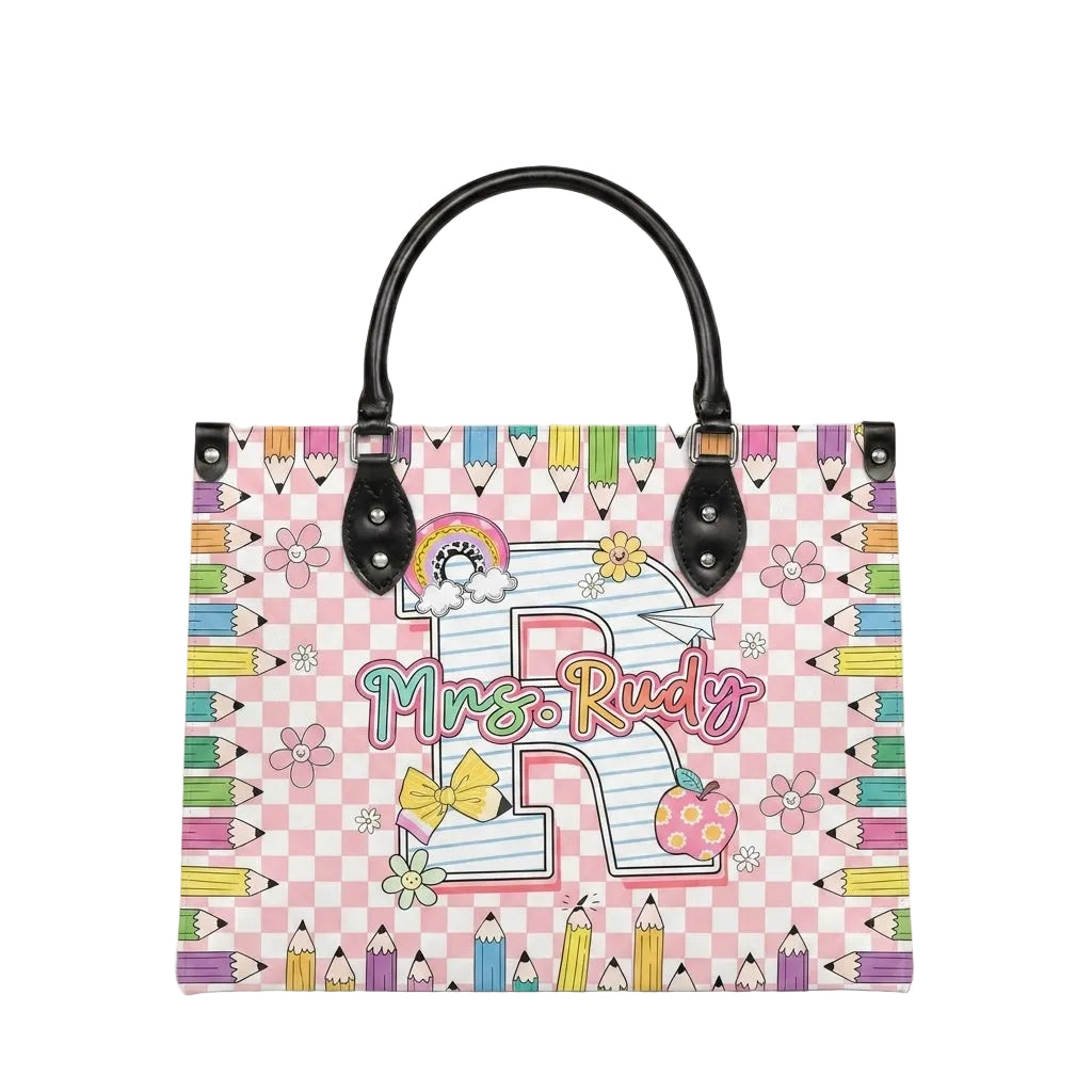 Pencil & Floral Monogram Personalized Leather Bag + Free Matching Leather Wallet